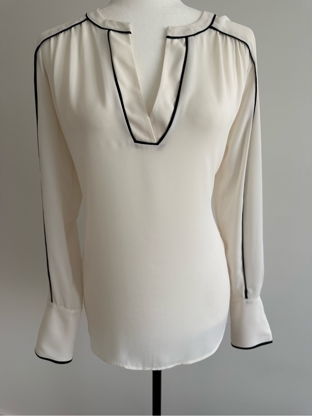 LOFT Cream V-Neck Blouse with Black Piping (fits like a medium)